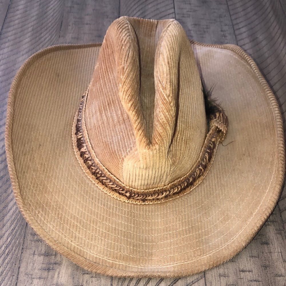 Country Gentleman’s Corduroy Wide Brim Ranch Hat in Tan Feather and braid accent